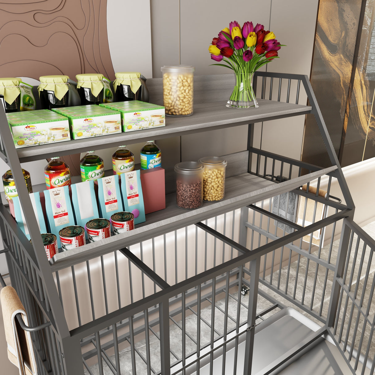 Large Pet Cage with Storage Rack and Stainless Steel Basins