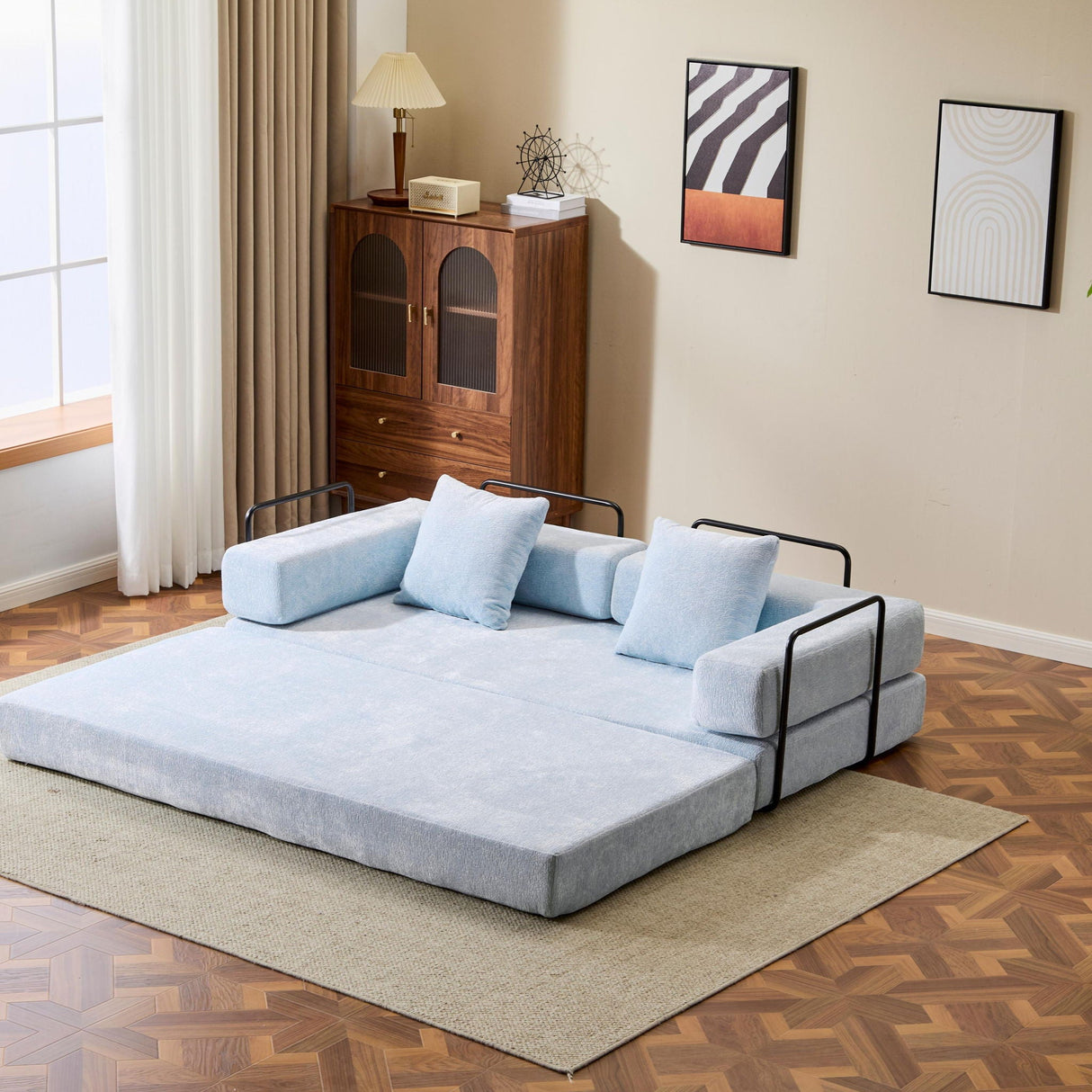 Convertible Floor Sofa Bed With Pillow Back Support Armrest