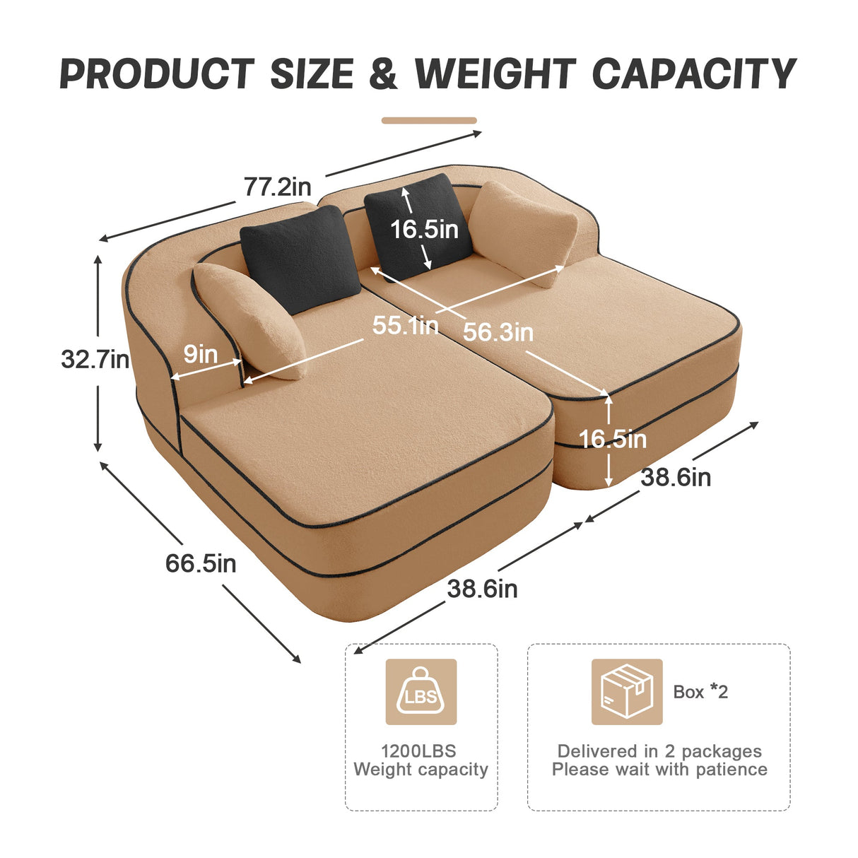 77.2" Teddy Fabric No Assembly Sofa in Camel