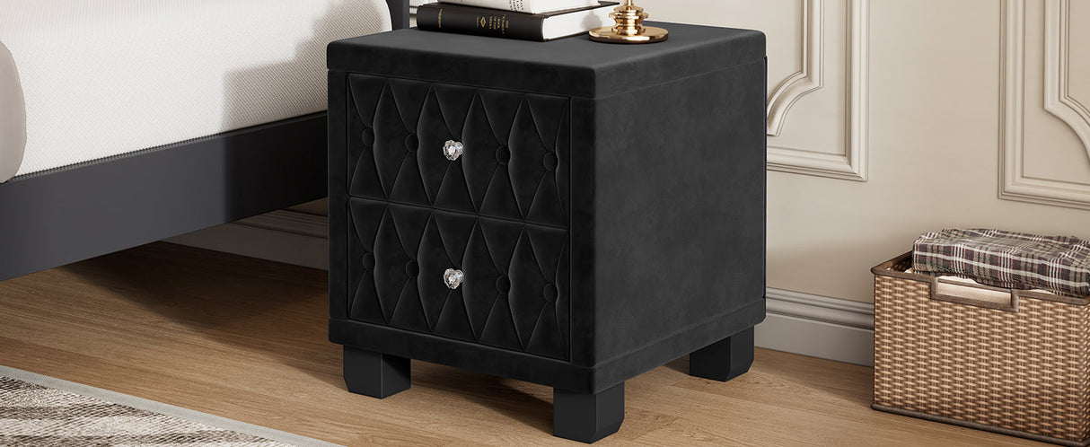 Elegant Velvet Nightstand with 2 Drawers and Crystal Handles