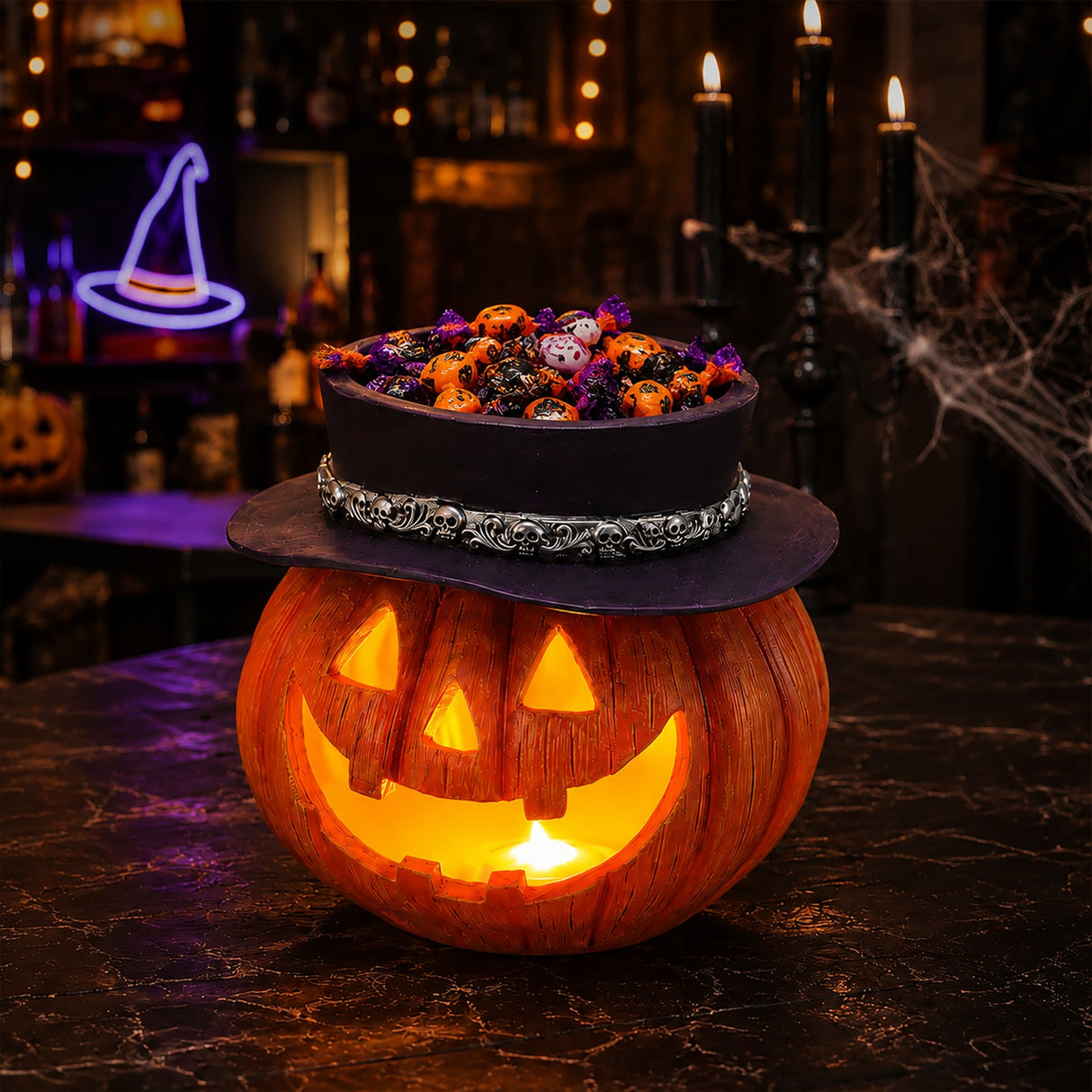 Halloween Pumpkin Candy Bowl With Witch Hat