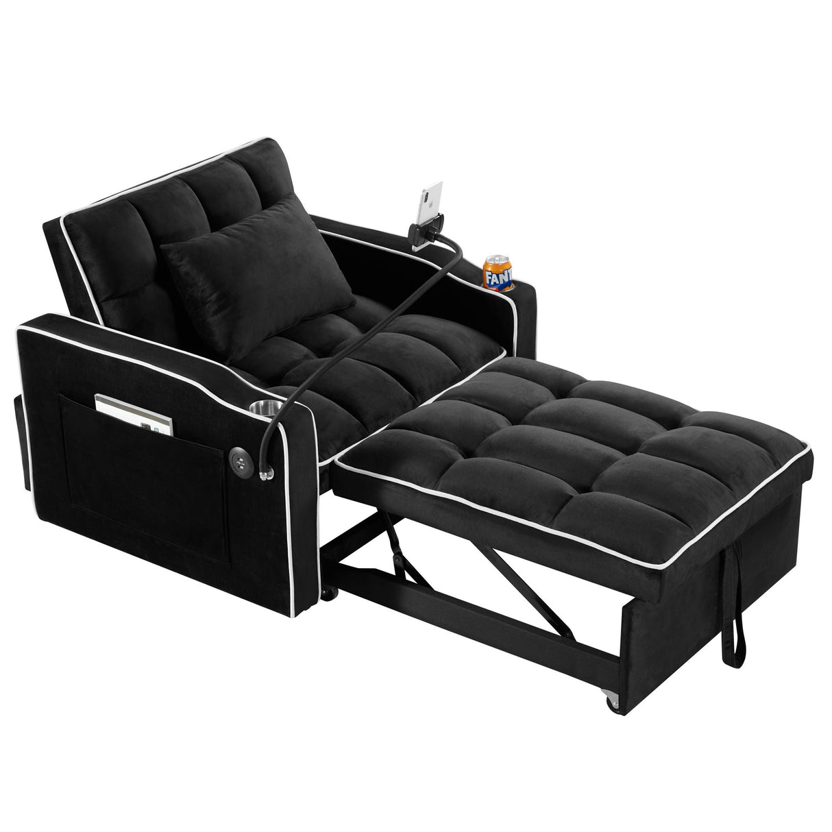 Convertible Sleeper Chair Sofa Bed Adjustable Pull Out Sleeper Chair Bed Multi-Pockets Folding Sofa Bed For Living Room Bedroom Small Space, 3 In 1 Sofa Bed