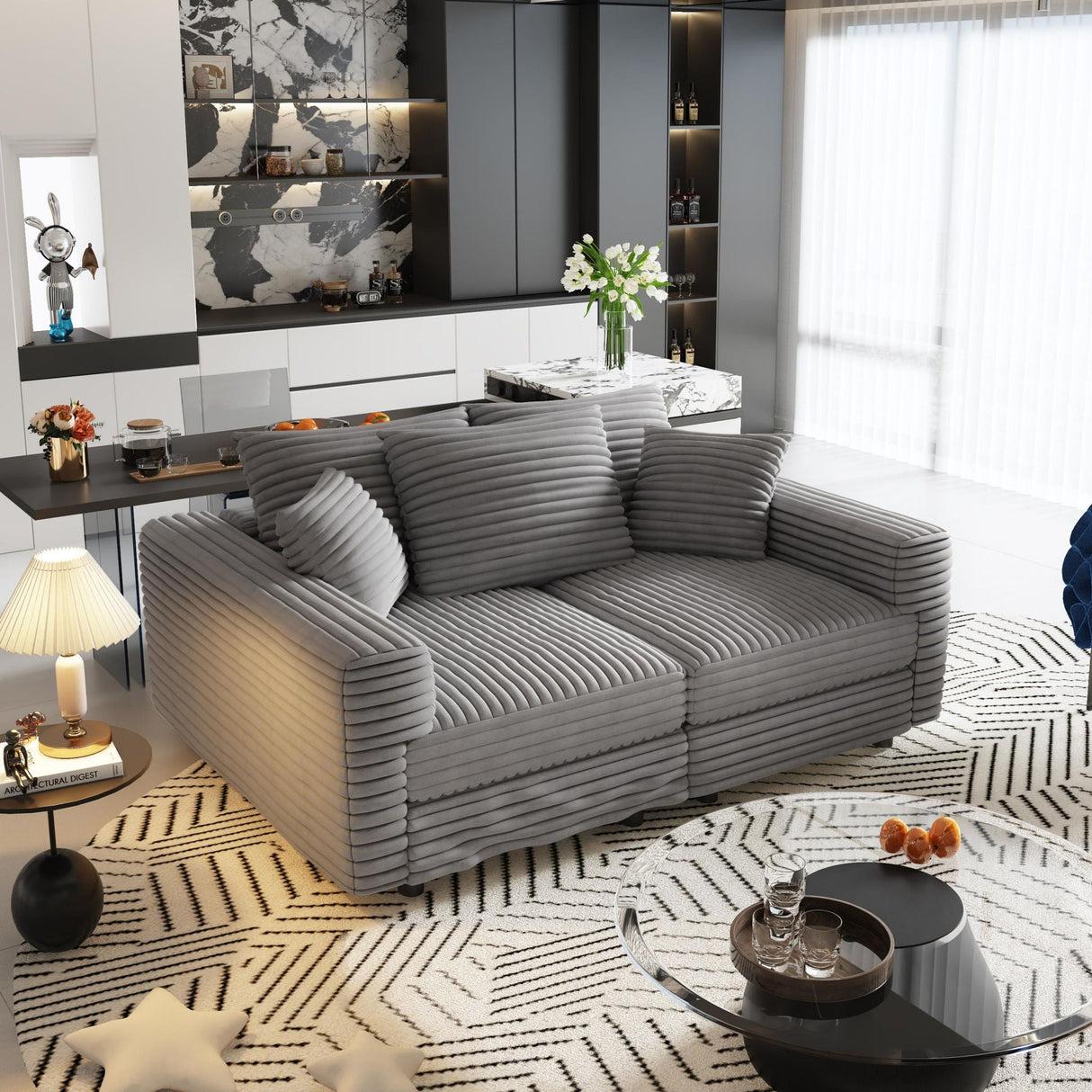 Convertible Deep Seat Sofa With Soft Pillows And Ottomans