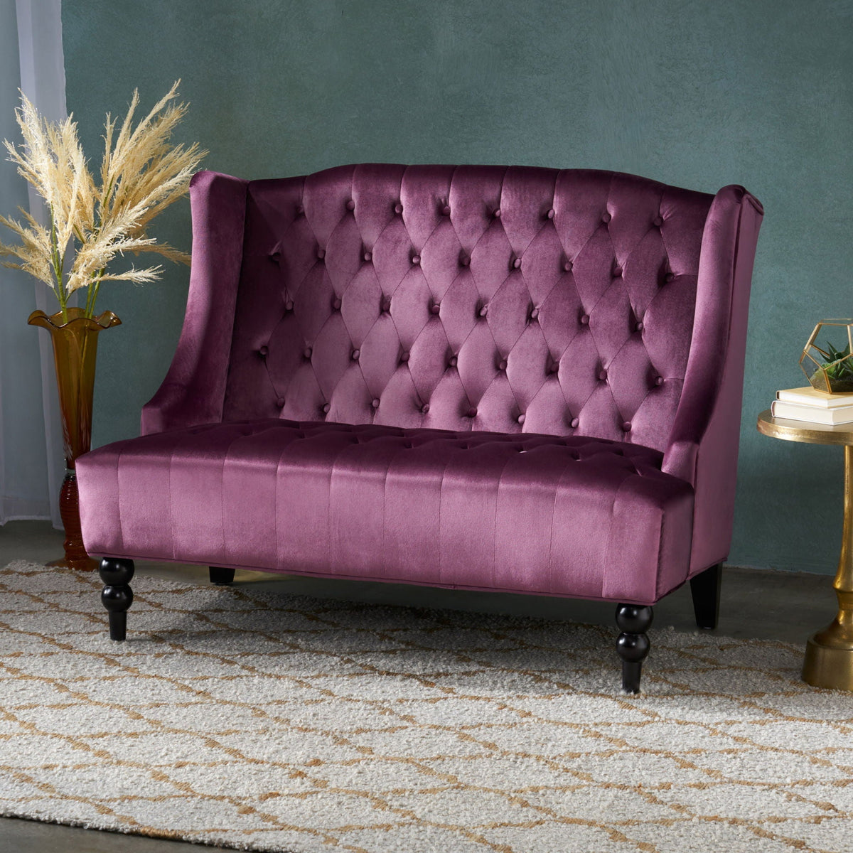 Upholstered Loveseat with Wing Back and Diamond Tufting - Multiple Colors