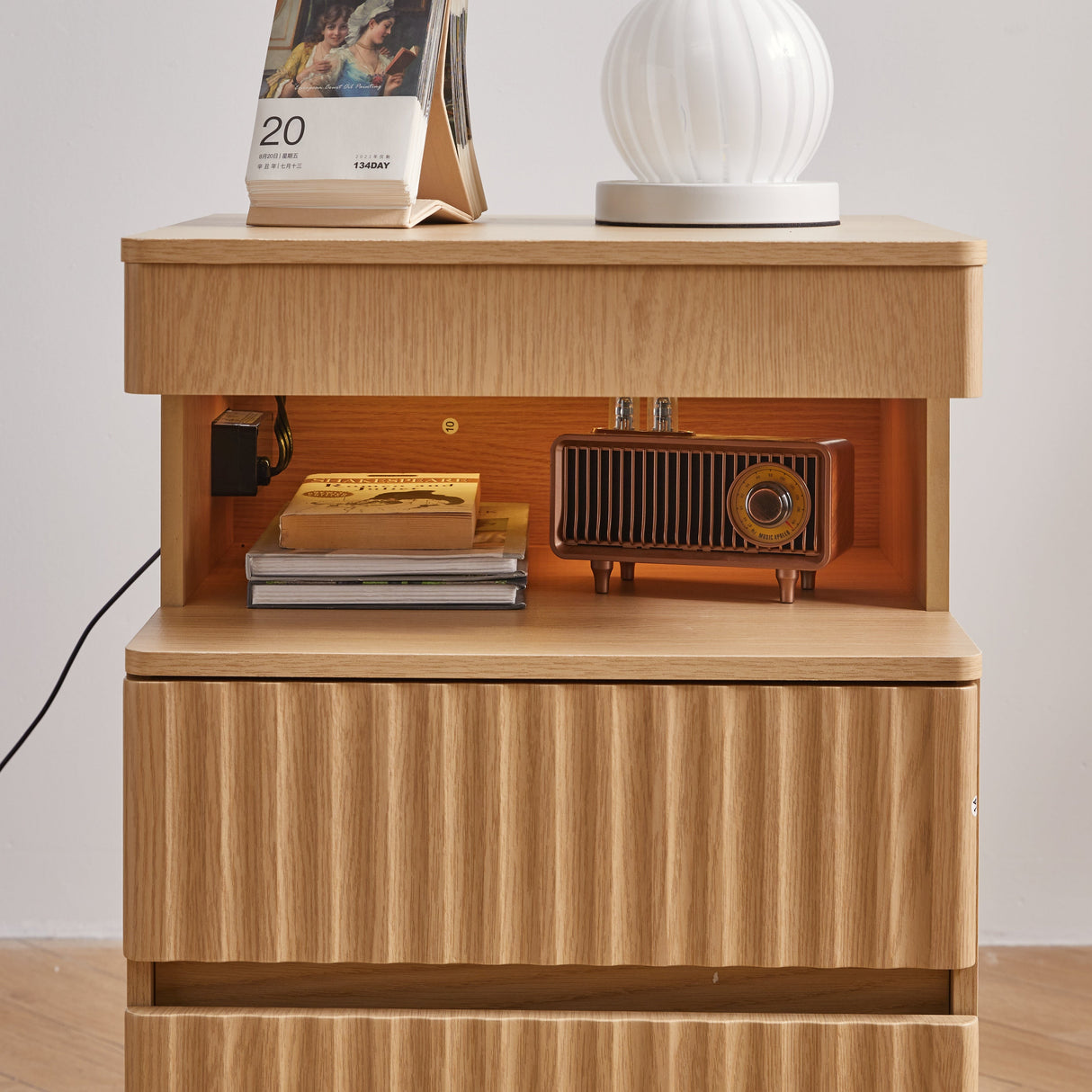 Modern Bedside Table with Gun Drawer,Bedside Table with Charging Station