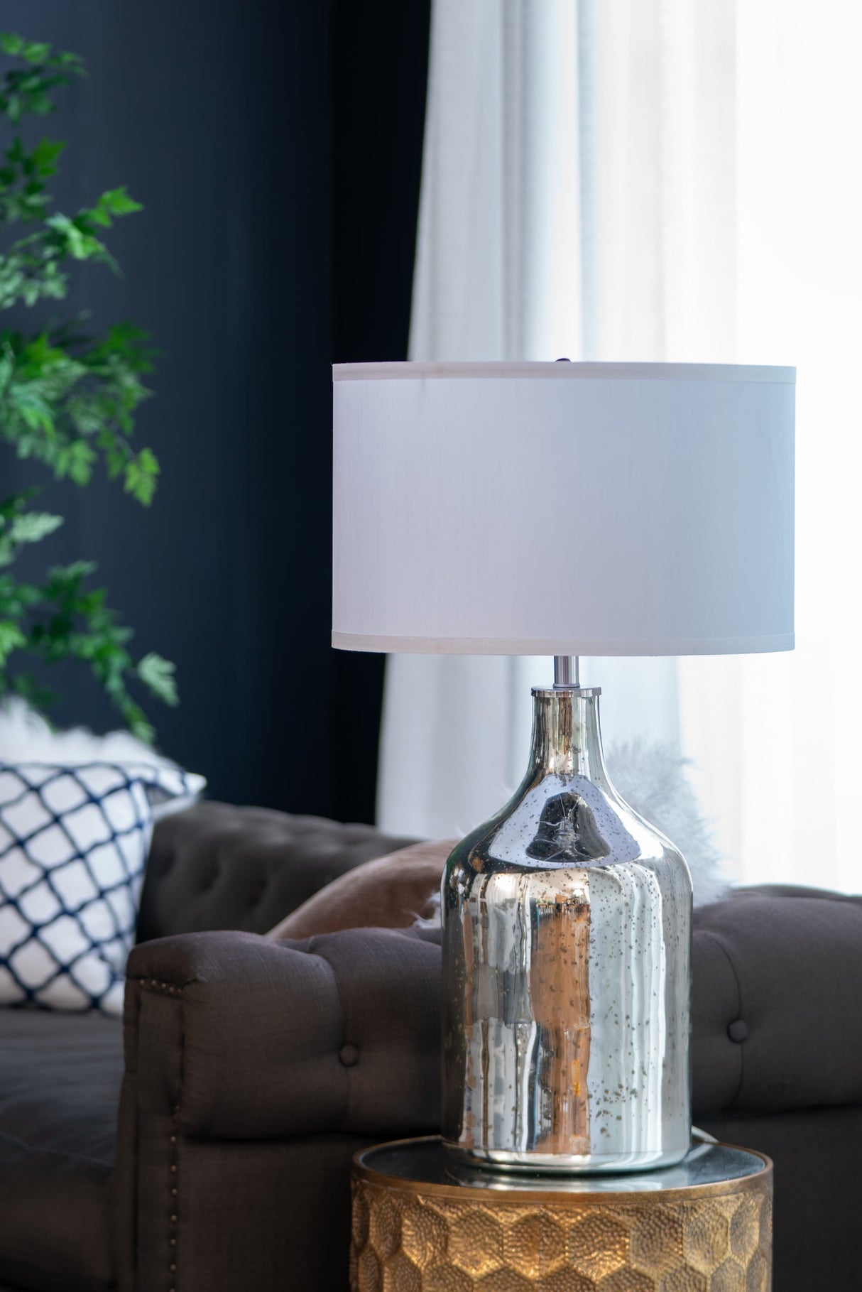 Silver Round Table Lamp with White Fabric Shade