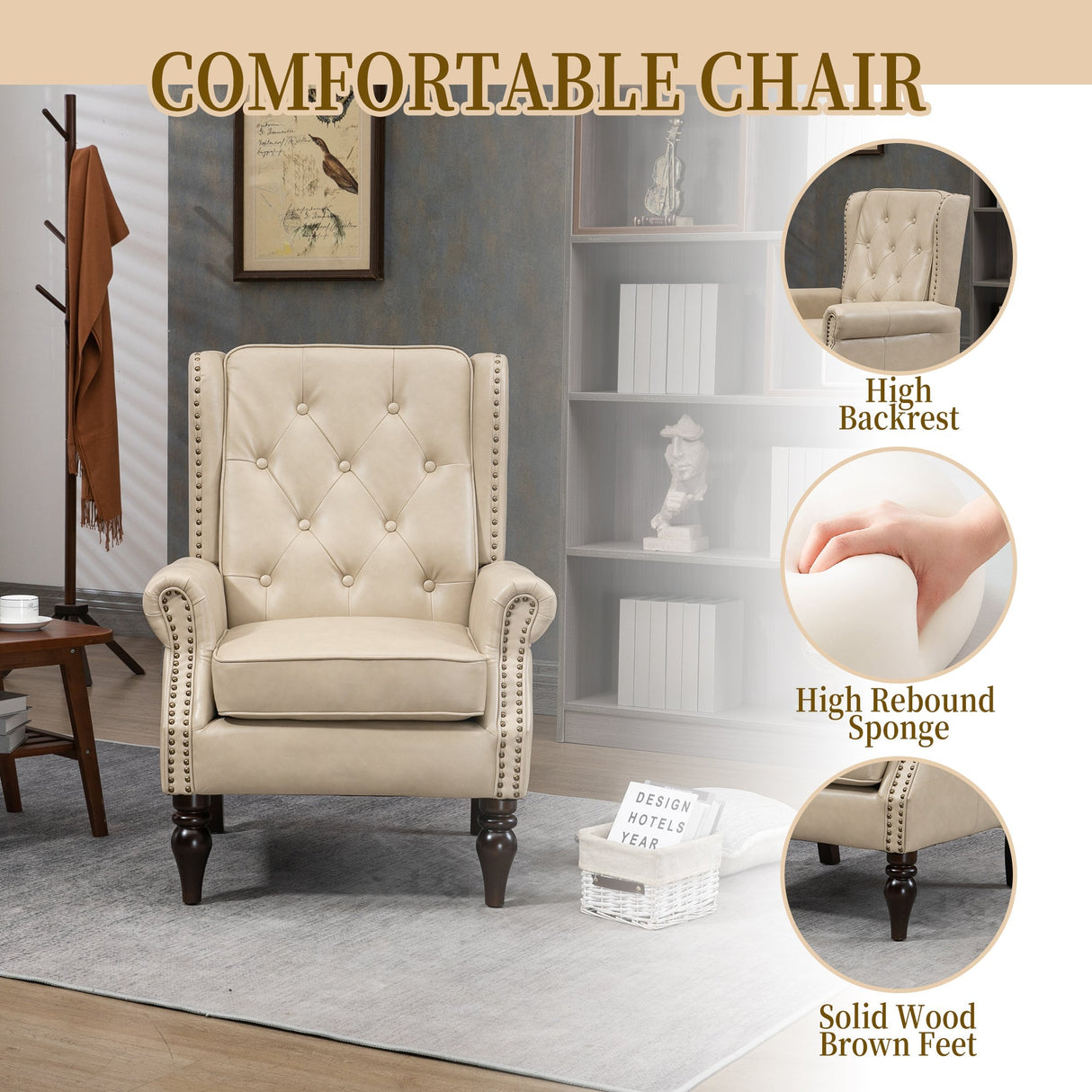 Modern Accent Lounge Chair with Sturdy Wood Legs in Camel PU Leather