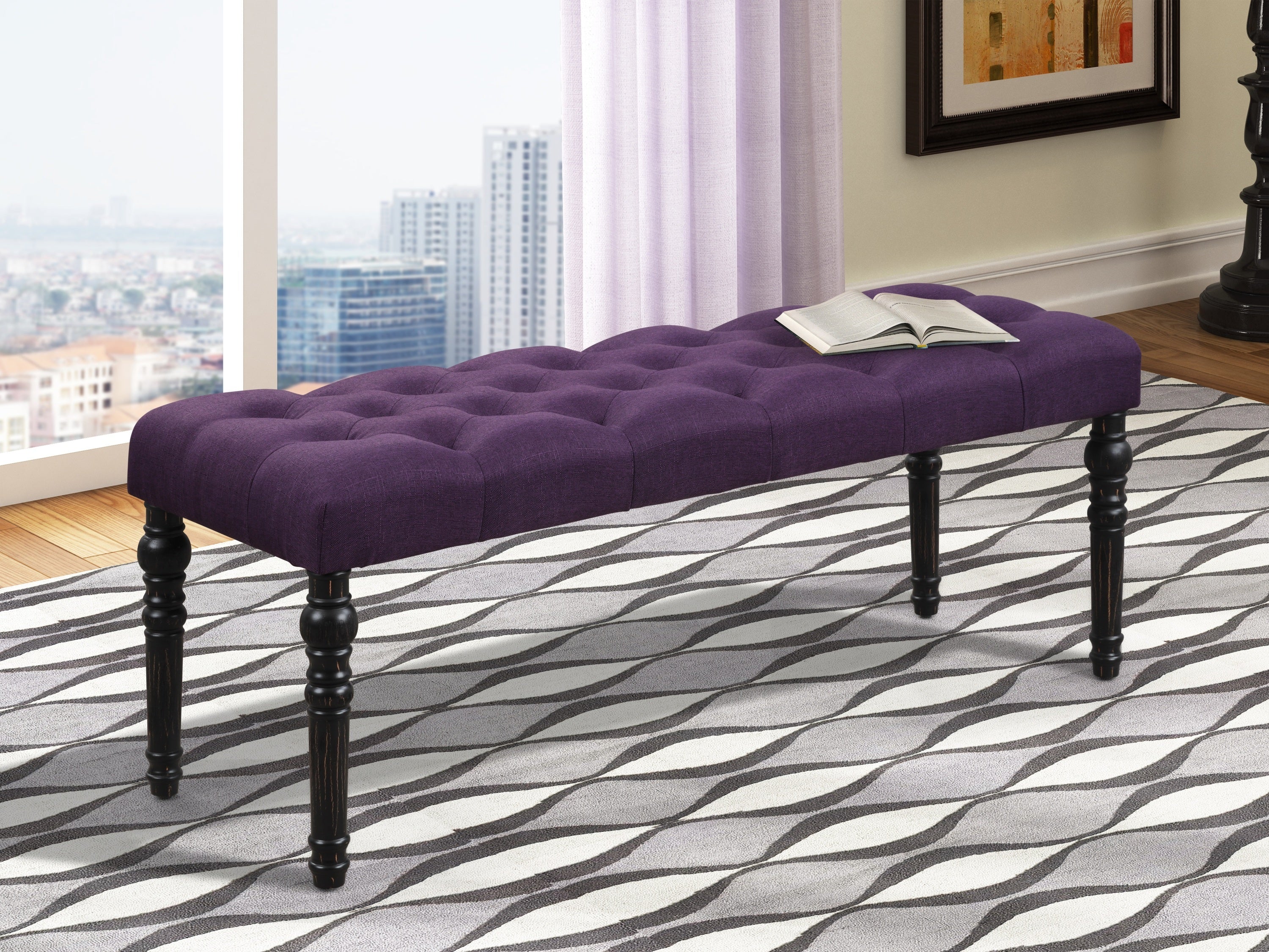 Leviton-Fabric-Tufted-Turned-Leg--Dining-Bench,-Purple-Furniture