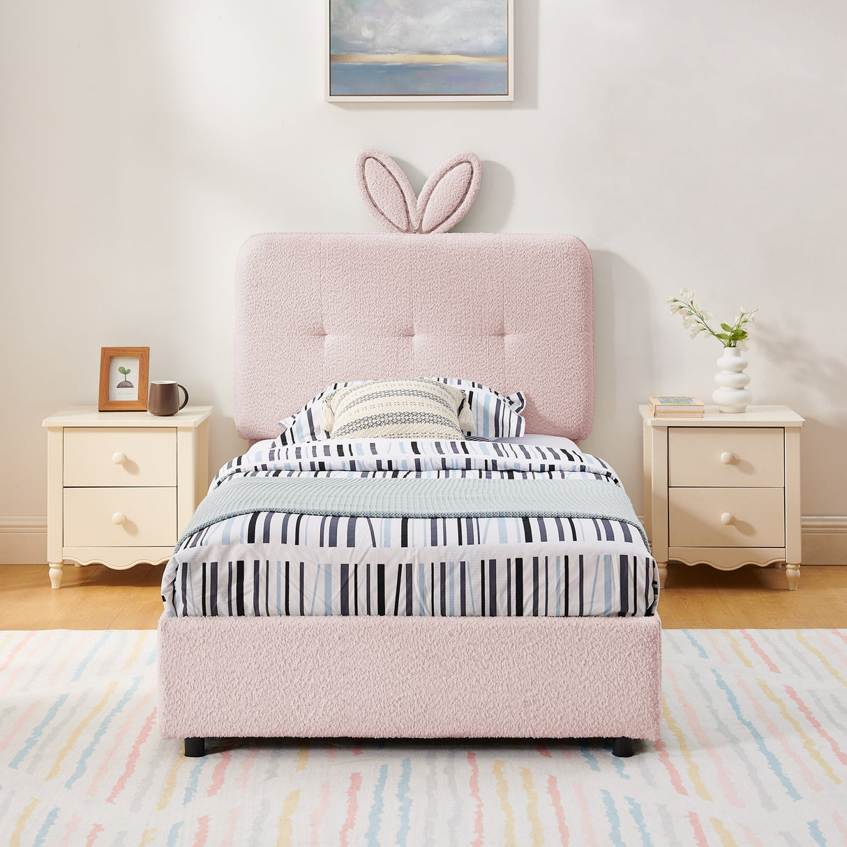 Twin Size Kids Upholstered Bed with Oversized Rabbit Ear Headboard, LED Light & 4 Storage Drawers, Boucle Fabric (79.5''X40.75''X41'')