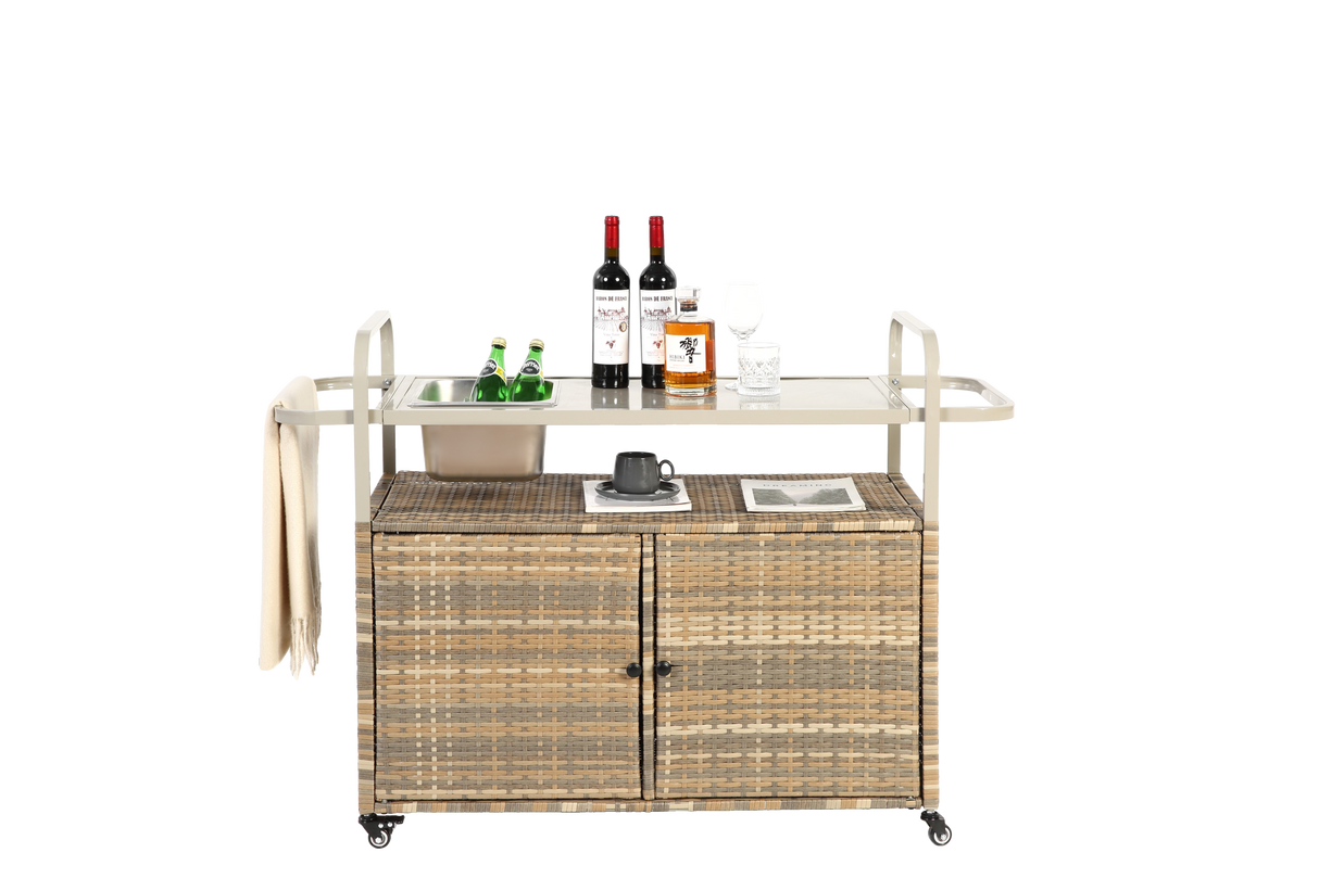 Outdoor Bar Table with Wicker Cabinet and Steel Top