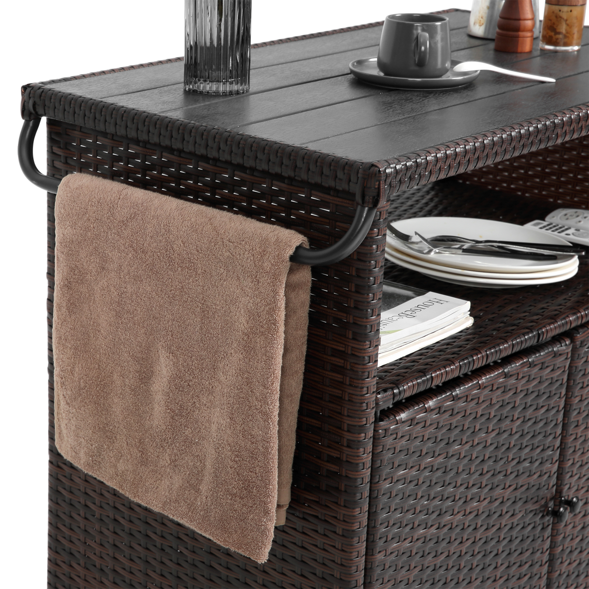 Outdoor Wicker Bar Cart with Glass Top and Wheels - Light Brown