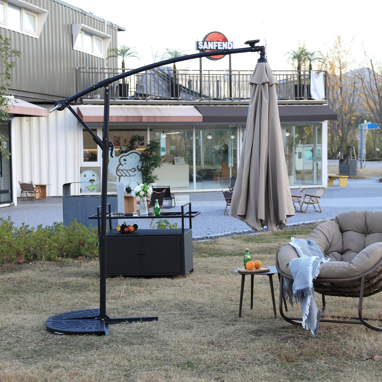 10ft Solar LED Offset Hanging Market Patio Umbrella (Khaki)