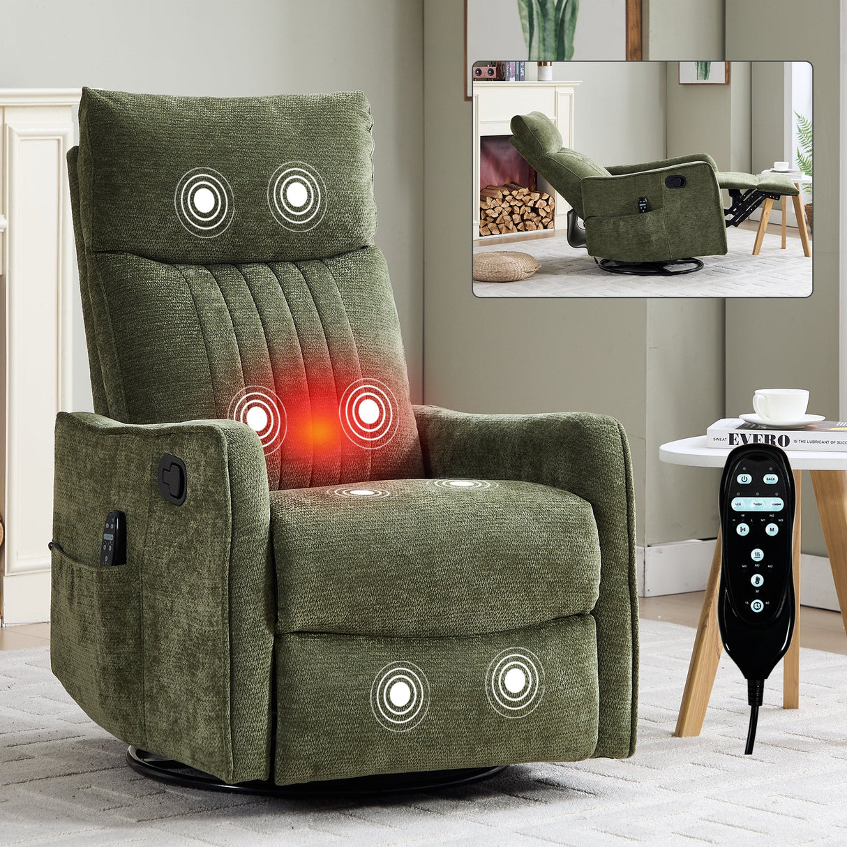 Green Heat Massage Manual Recliner Chair with Rocker and Swivel