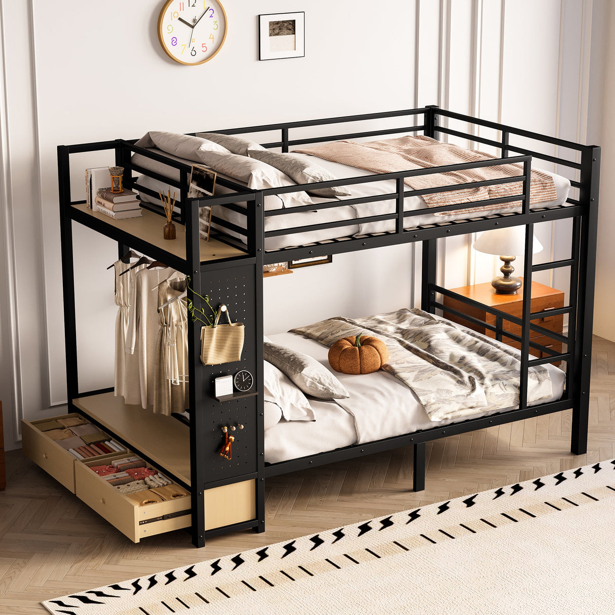 Full Over Full Size Metal Bunk Bed for Teens with Storage Shelves, Drawers and Pegboard