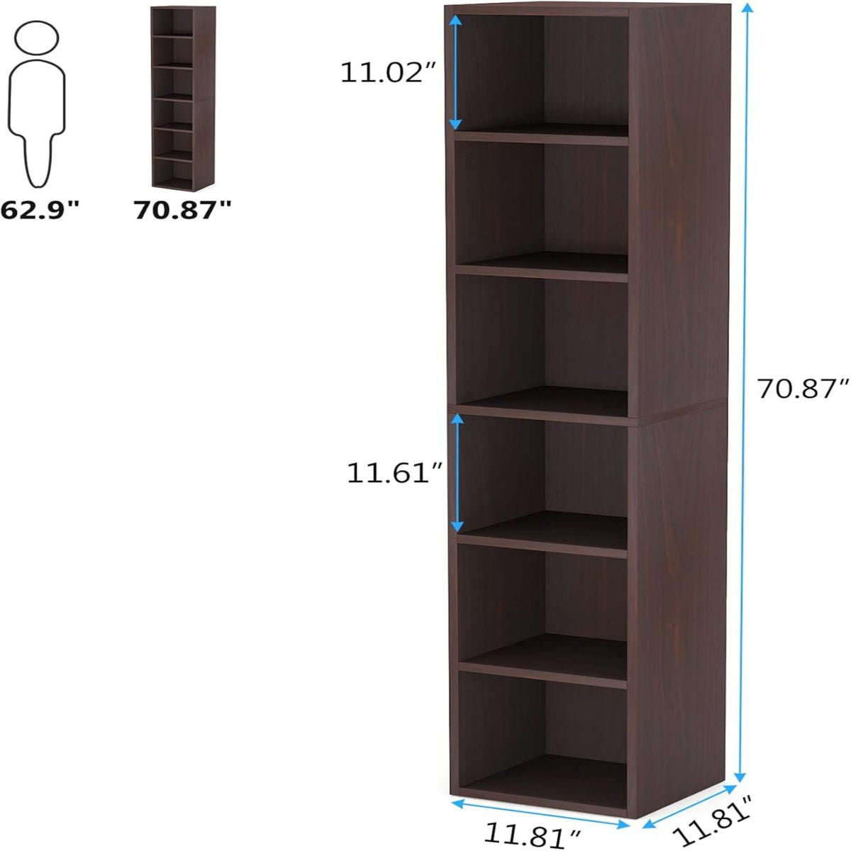 6 Tier Narrow Corner Cube Bookcase with Open Cubes - Light Blue or Dark Brown