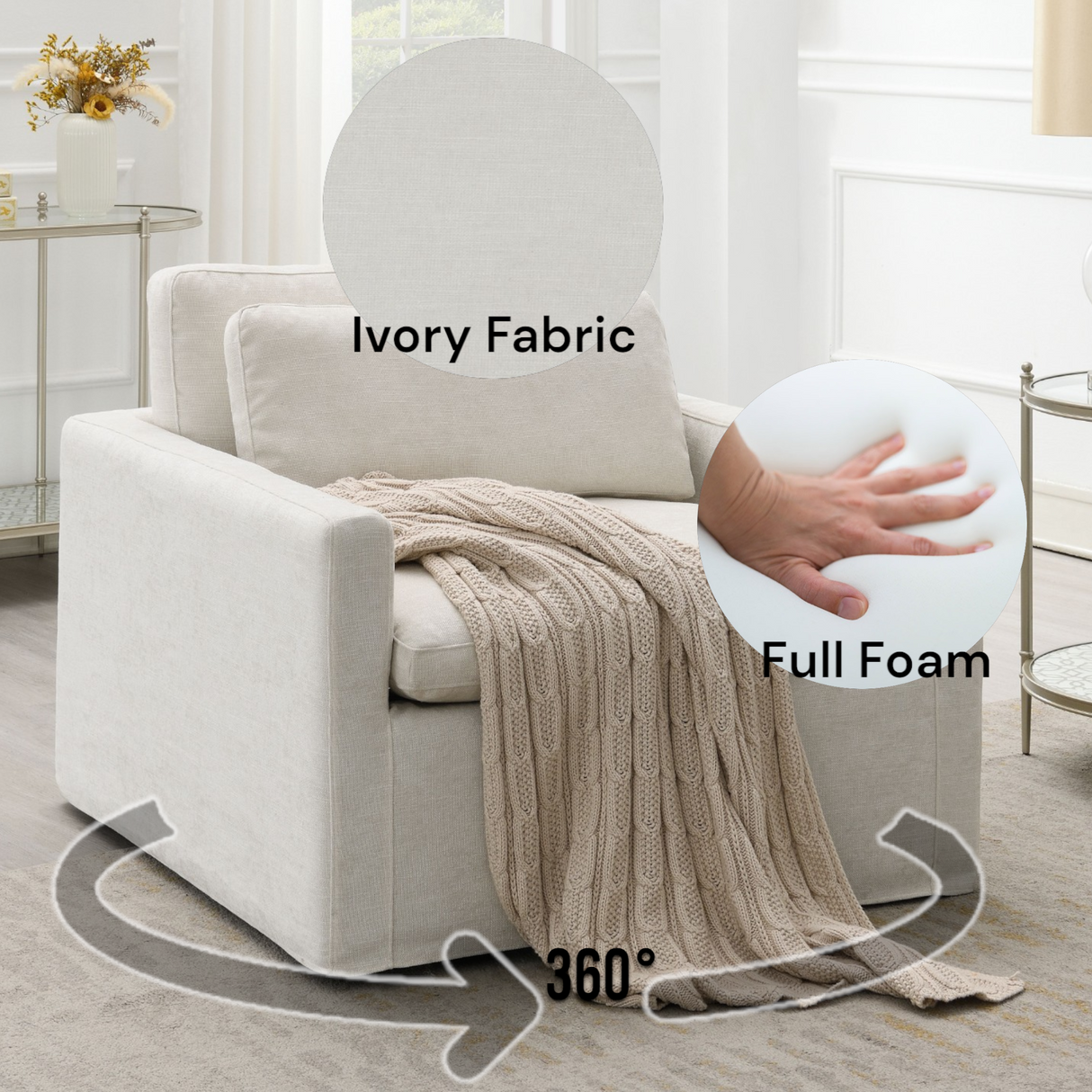 Frederick Ivory Fabric Swivel Chair w/Pillow