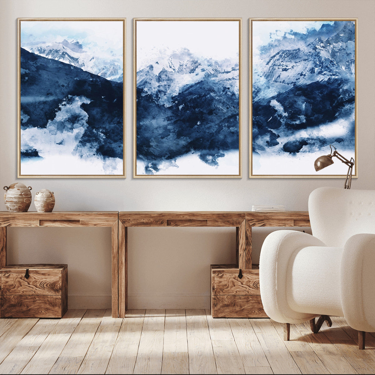 Abstract Blue Mountain Canvas Wall Art – Modern Triptych