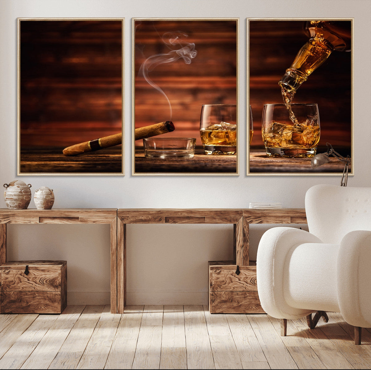 Whiskey and Cigar Wall Art Canvas | 3 Panel Bar Room Decor