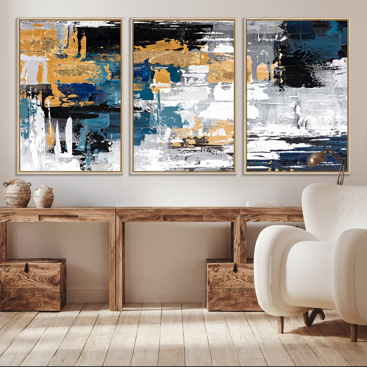 Blue and Gold Abstract Canvas Wall Art – Triptych Modern