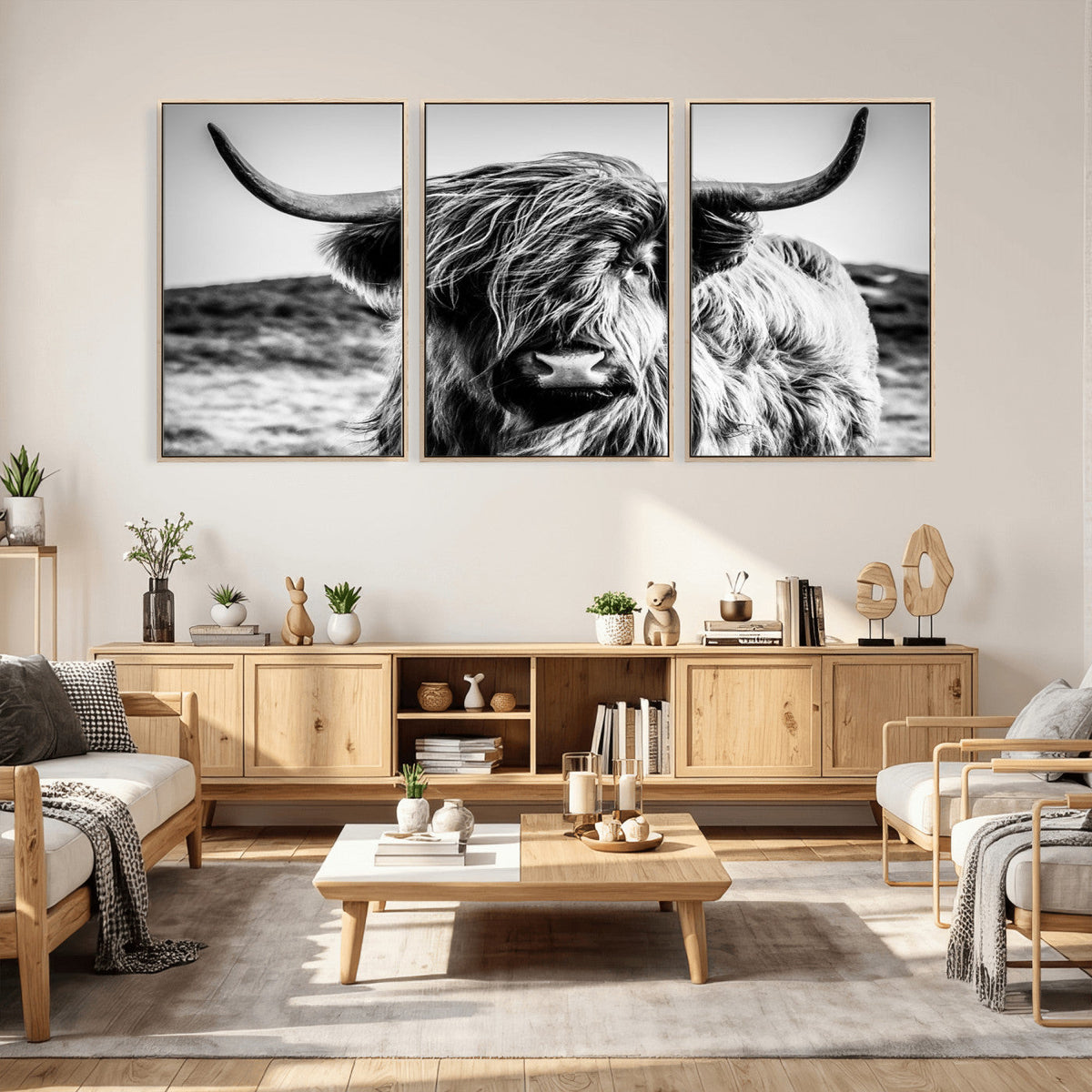 Black and White Scottish Cow Canvas Wall Art Highland Cattle
