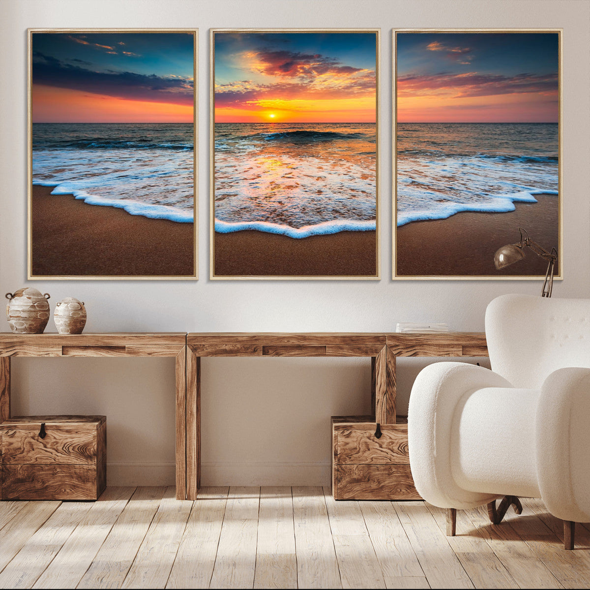 Sunset Beach Canvas Wall Art – Colorful Ocean Waves Triptych