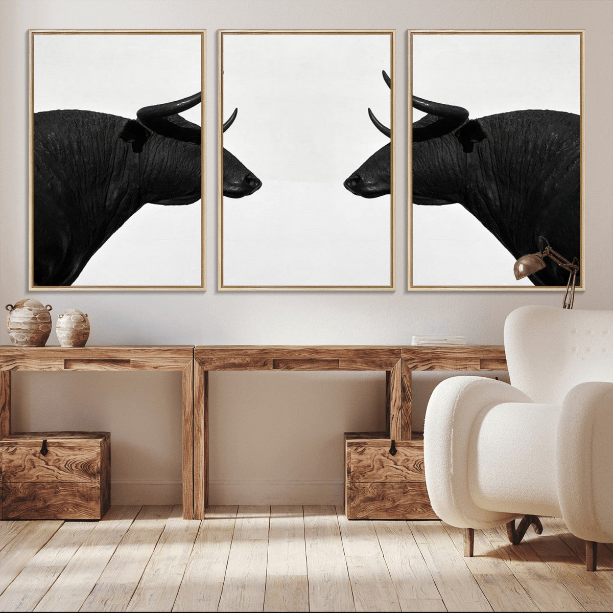 Spanish Bull Art - Framed Black and White Bull Canvas Print