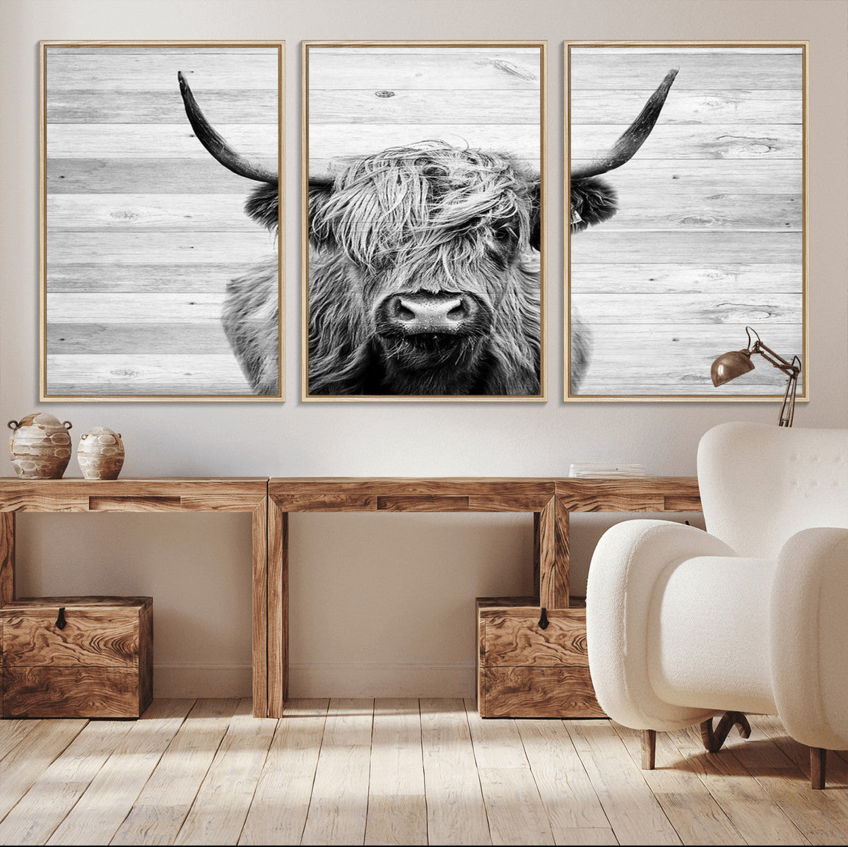 Scottish Highland Cow Cattle Art Print on Wood Background