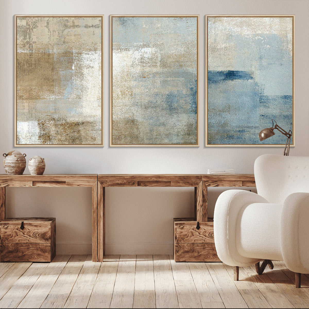 Abstract Blue and Beige Wall Art, Modern Minimalist Canvas