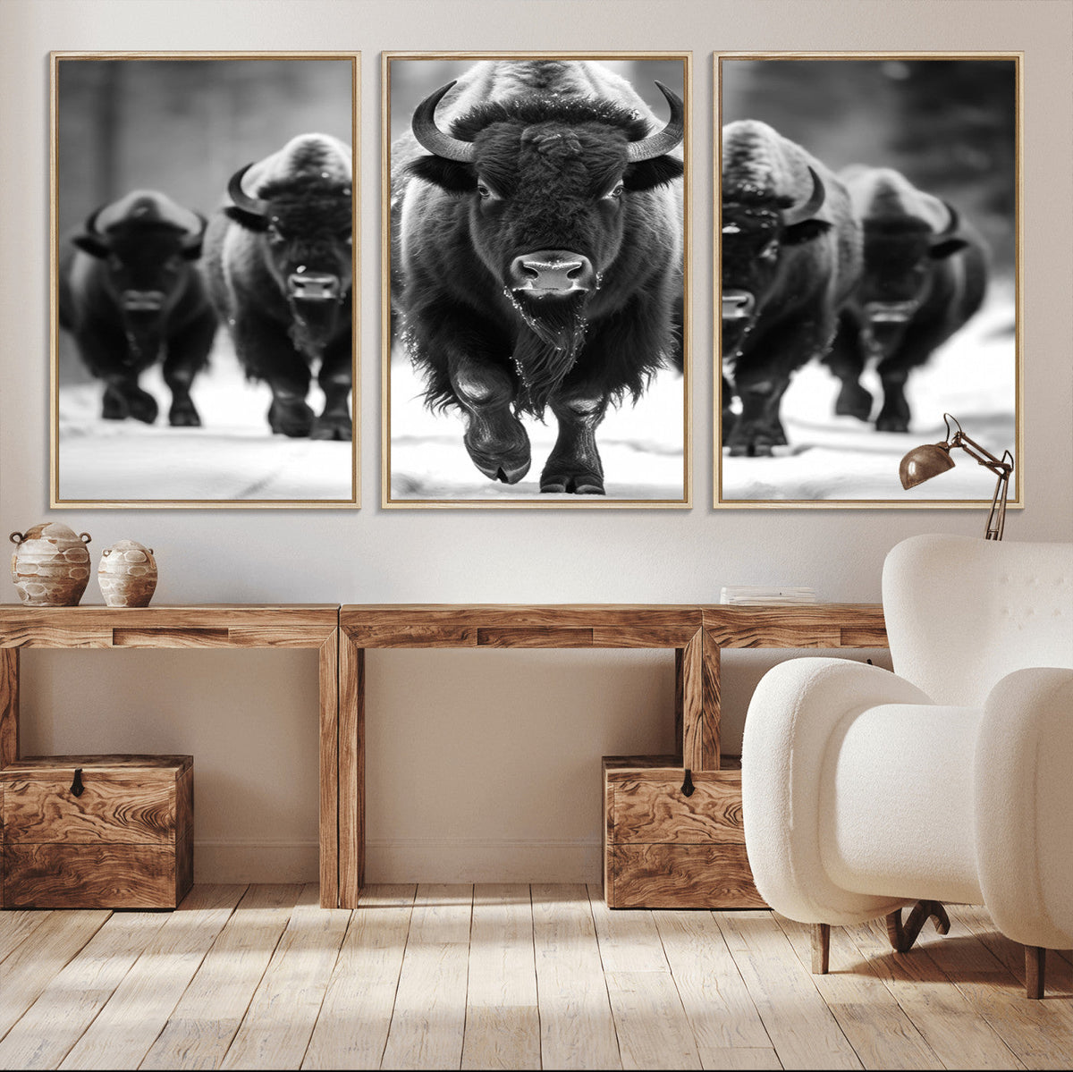 American Bison Art | Buffalo Herd Wall Art Canvas Print, BW