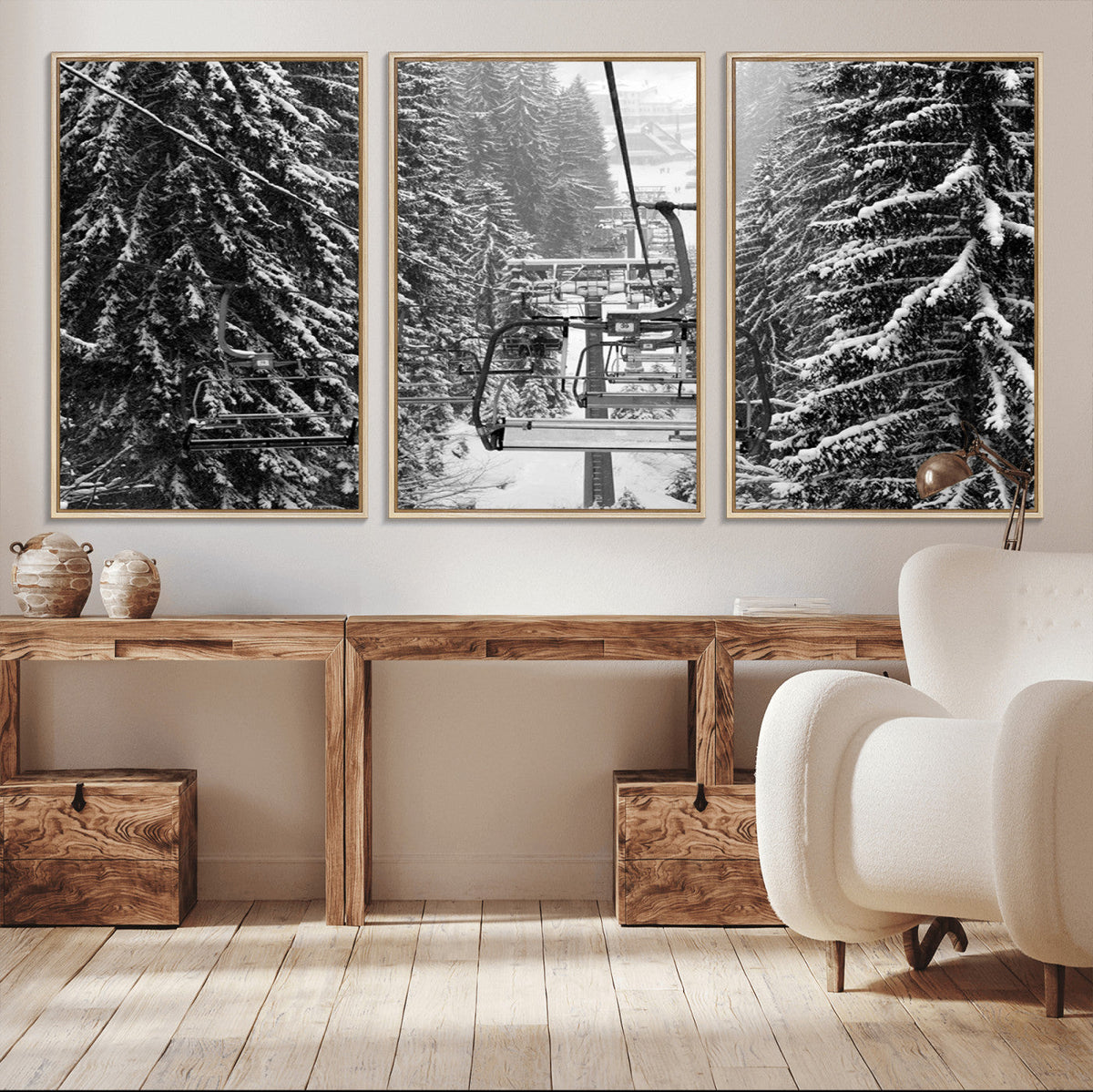 Winter Ski Lift Black and White Canvas Wall Art – Alpine