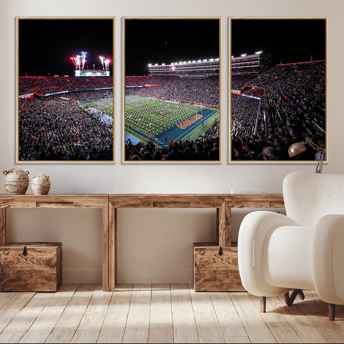Ben Hill Griffin Stadium Night Game Triple Canvas Wall Art -