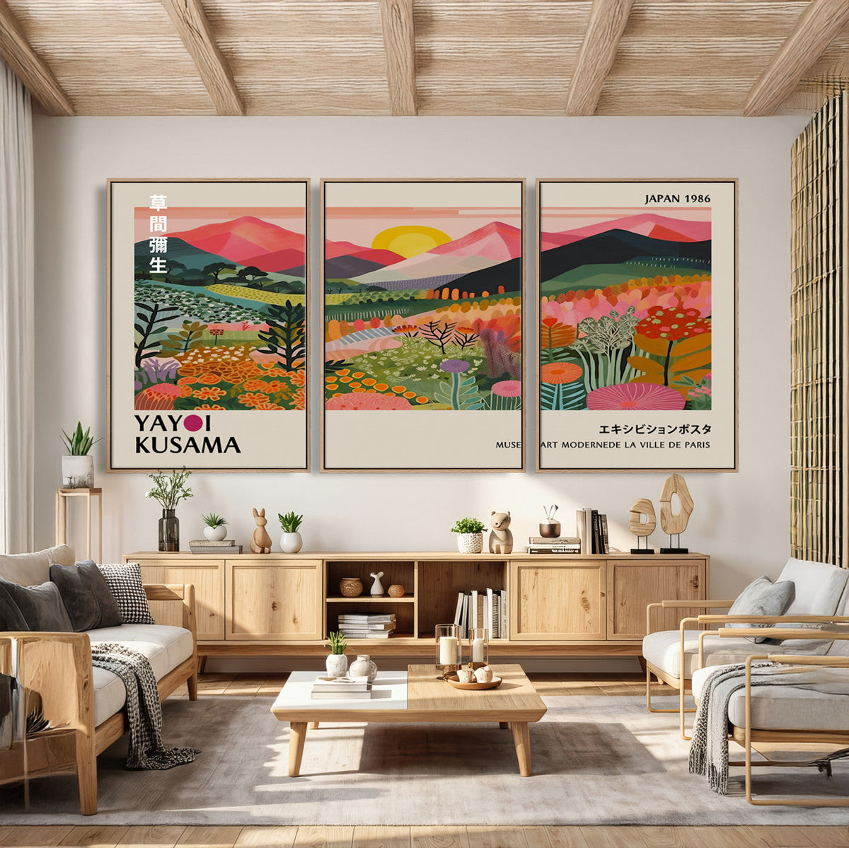 Yayoi Kusama Landscape Canvas Print, Vibrant Floral Mountain Art Print, Framed Botanical Wall Art -