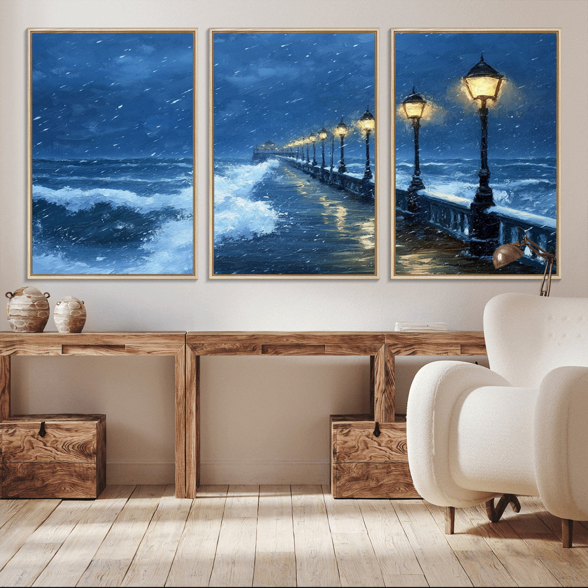 Stormy Ocean Pier Lights Canvas Wall Art Print - Large Moody