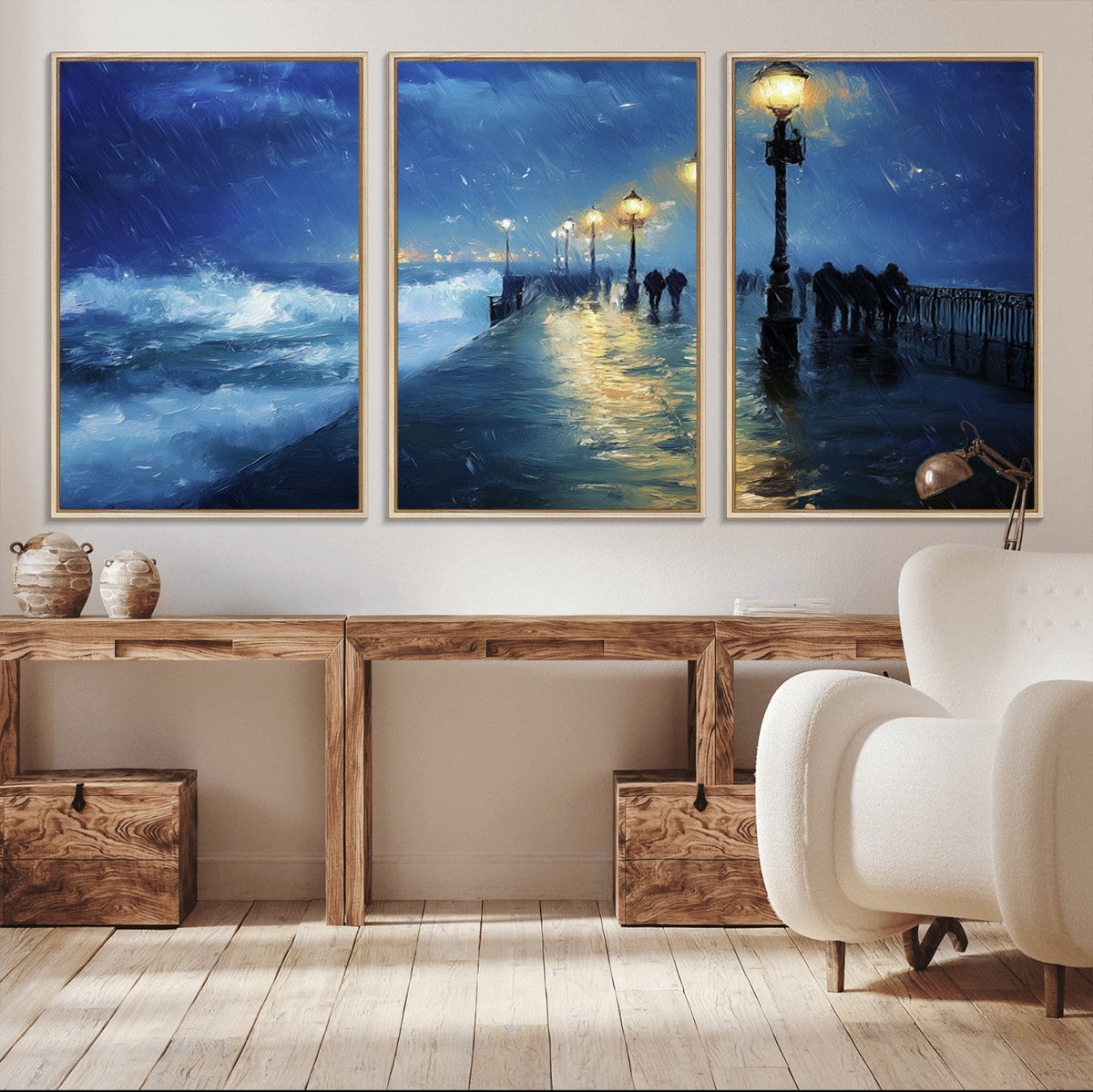 Storm Ocean Pier Canvas Wall Art Print - Large Moody Night
