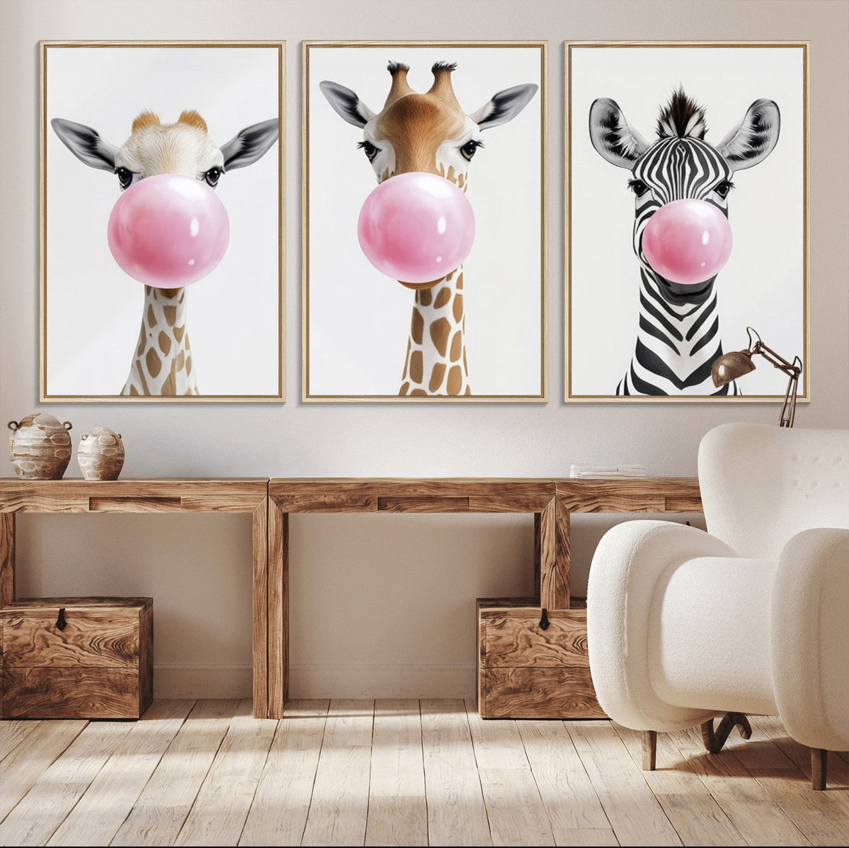 Bubblegum Animals Canvas Wall Art - Playful Giraffe and