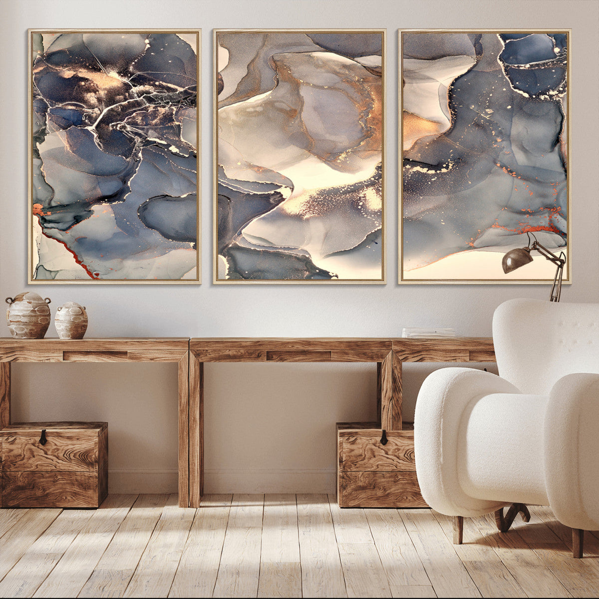 Abstract Blue and Gold Wall Art - Fluid Ink Artwork - Modern