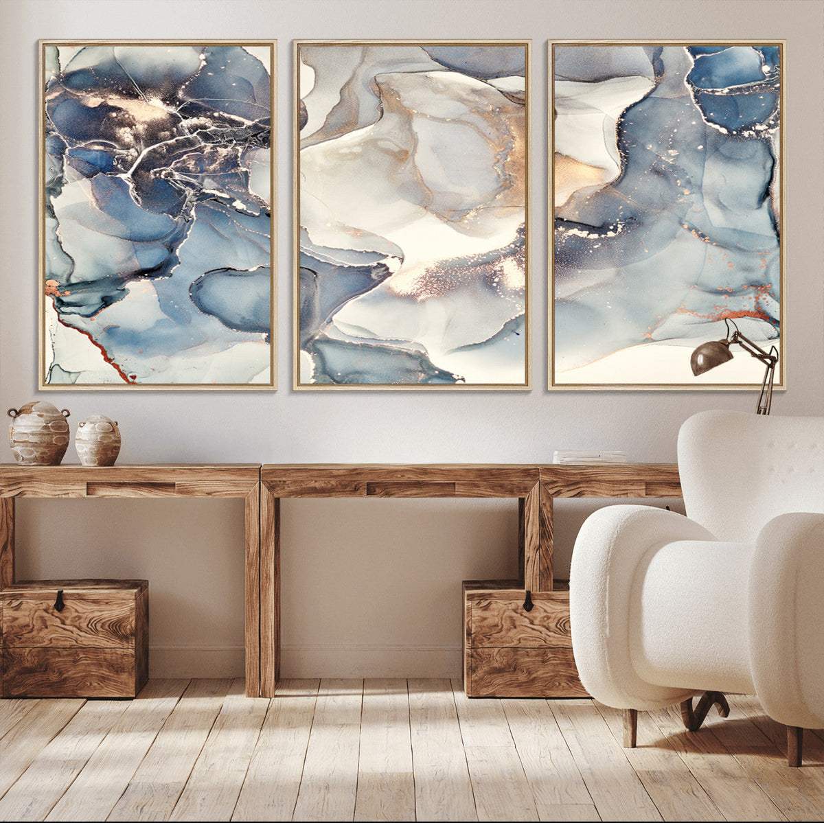 Abstract Blue and Gold Canvas Wall Art - Fluid Modern Ink