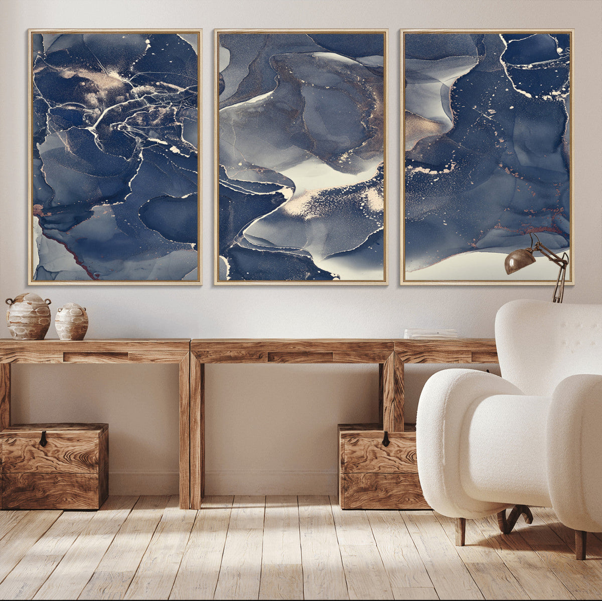 Large Abstract Blue and Gold Canvas Wall Art Fluid Ink