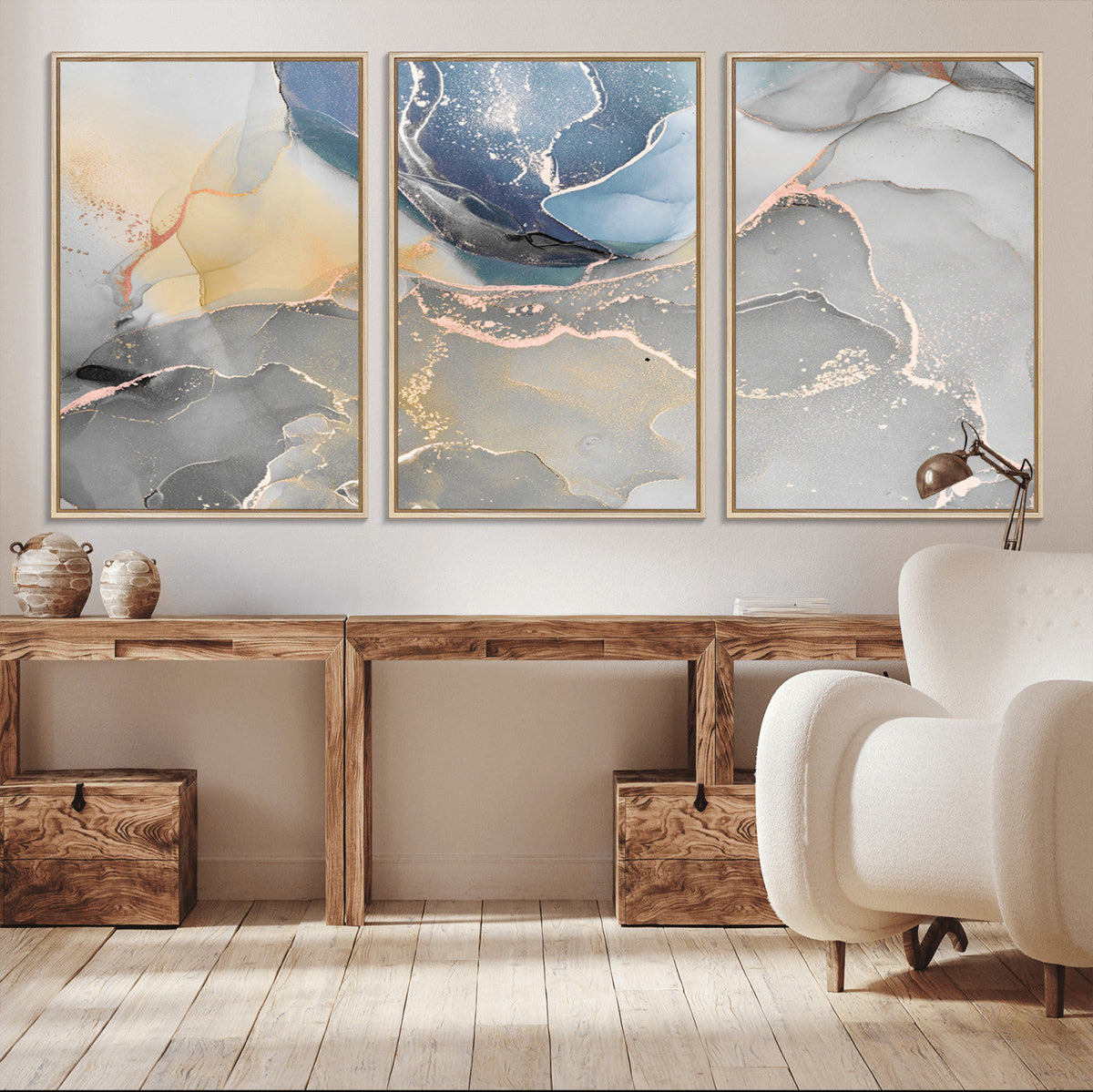 Large Abstract Blue and Gold Canvas Wall Art | Fluid Ink