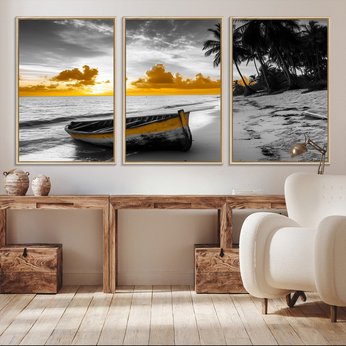 Yellow Rowboat Wall Art – Framed Tropical Shoreline Canvas