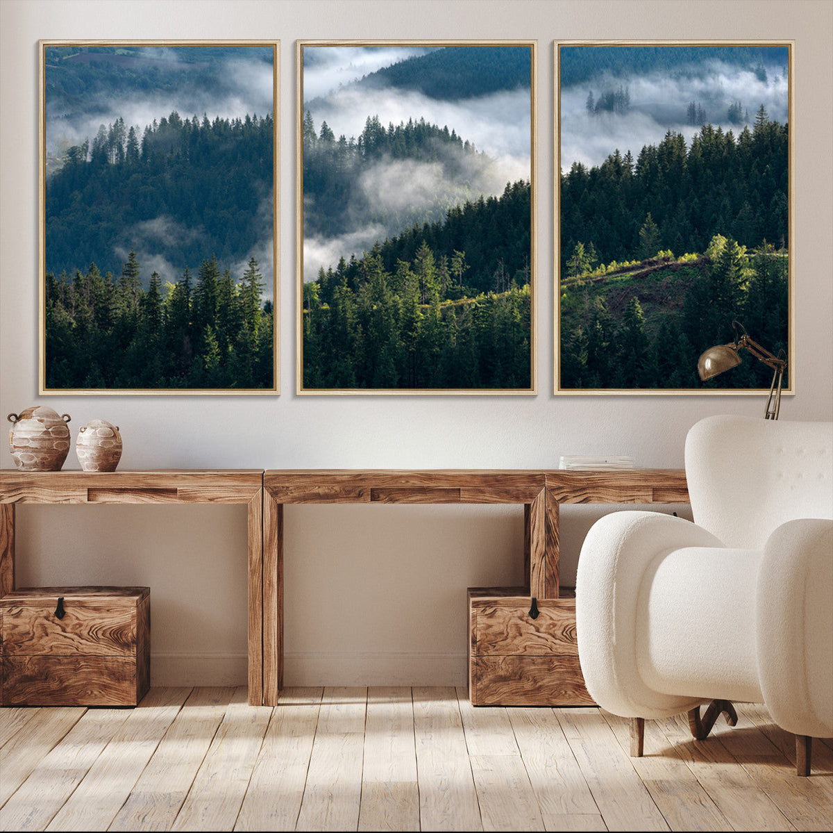 Misty Forest Wall Art Canvas Print, Serene Pine Hills and