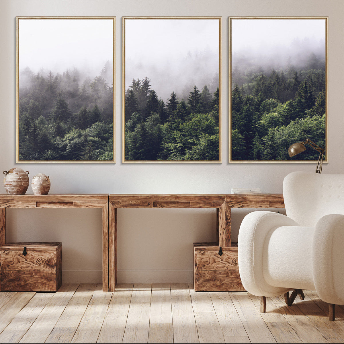 Misty Forest Wall Art Canvas Print, Serene Foggy Pines and