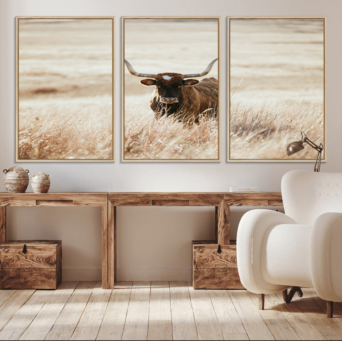 Texas Longhorn Wall Art Canvas Print – Framed Brown Horned