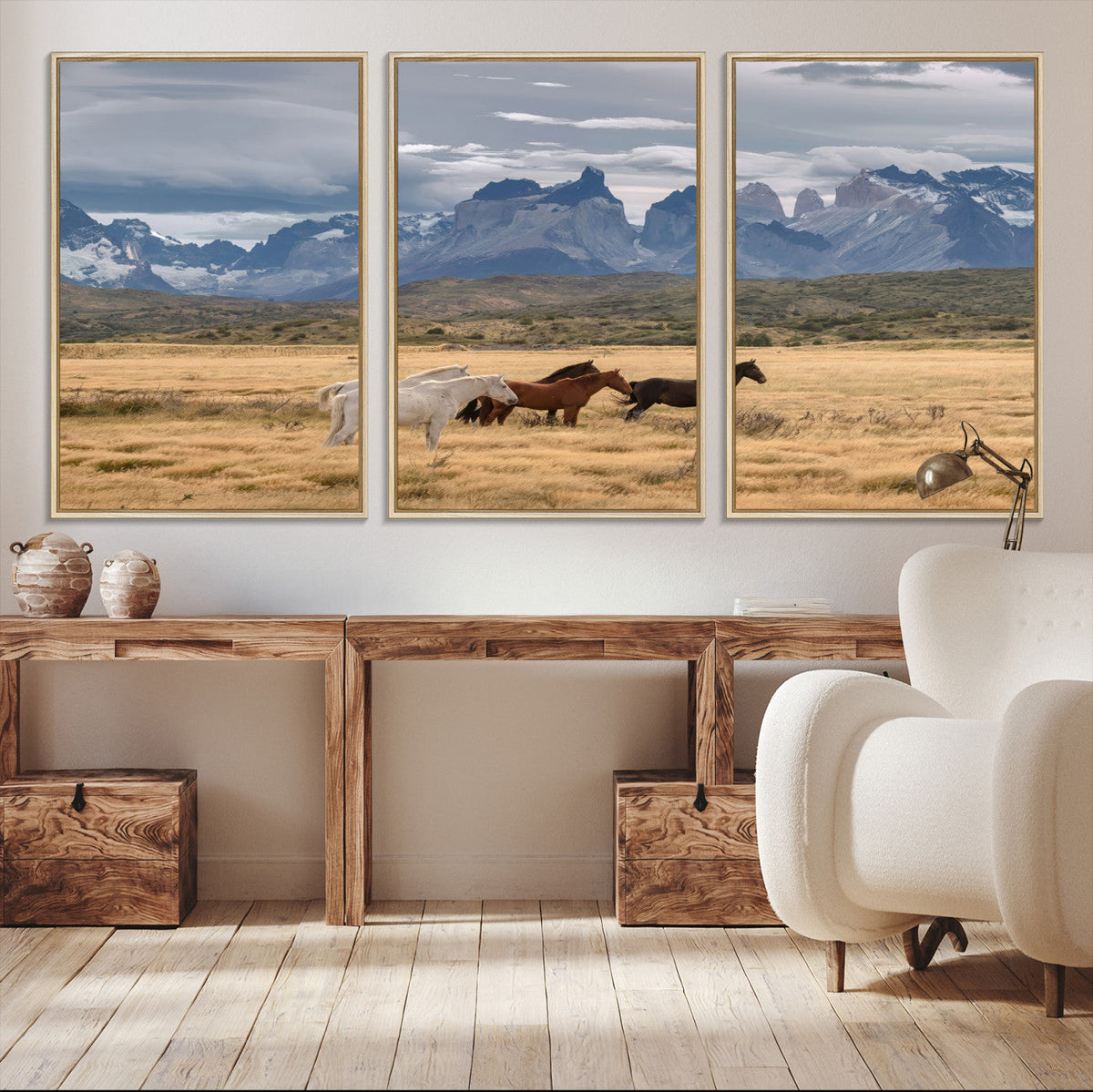 Grand Teton Park Wild Horses Wall Art Canvas Print – Framed