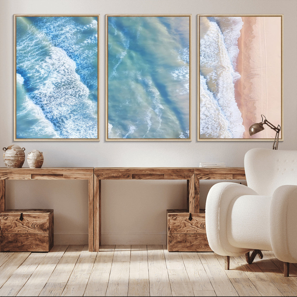 Aerial Ocean View Wall Art Canvas Print – Framed Soft Blue
