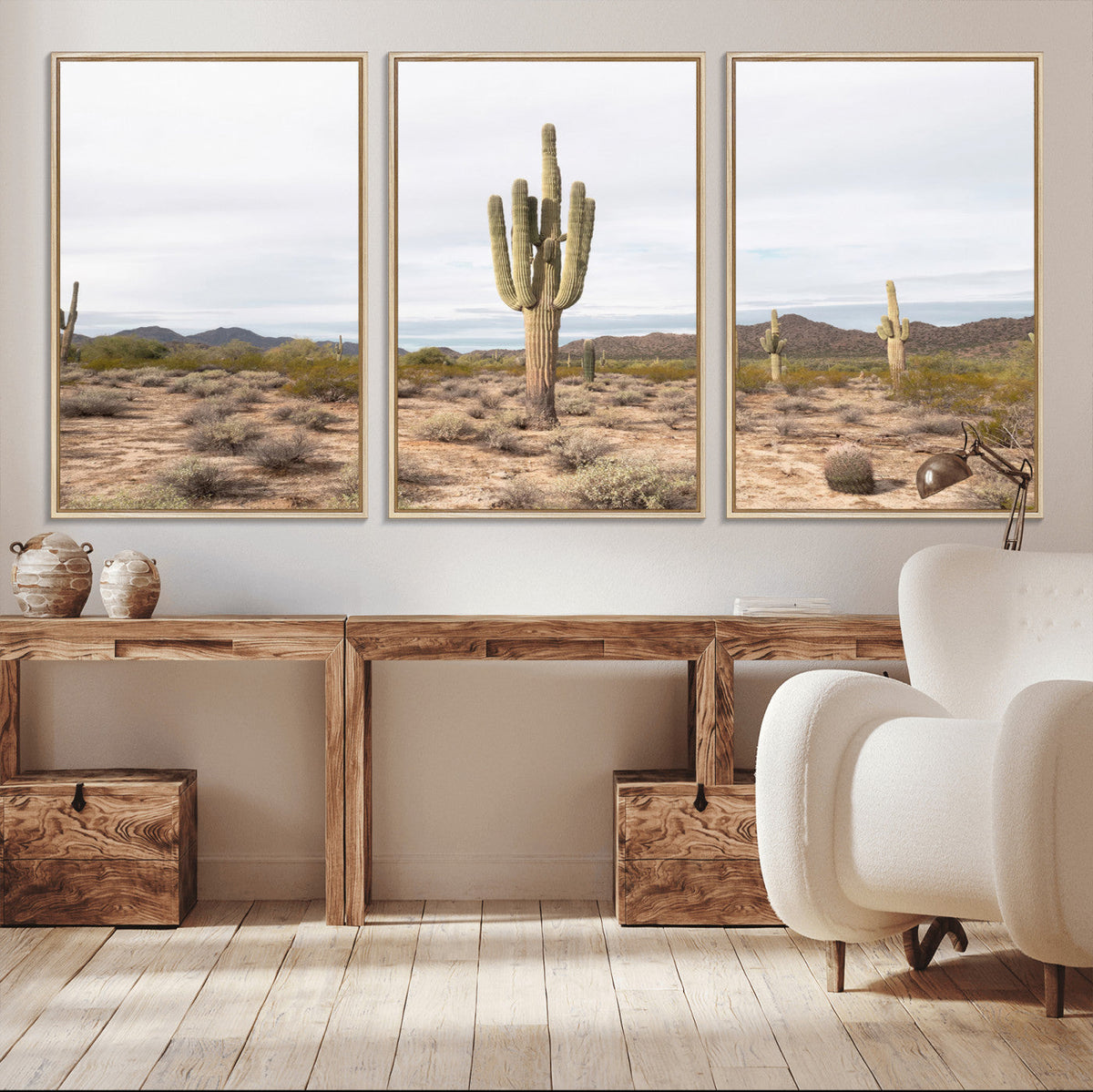 Saguaro Cactus Wall Art – Framed Desert Canvas Artwork,