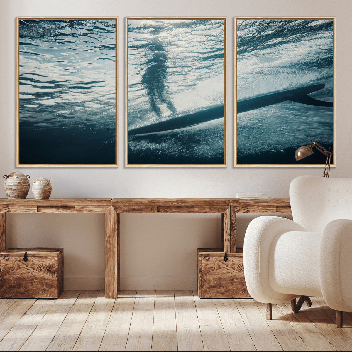 Underwater Surf Wall Art – Framed Ocean Wave Canvas Artwork,