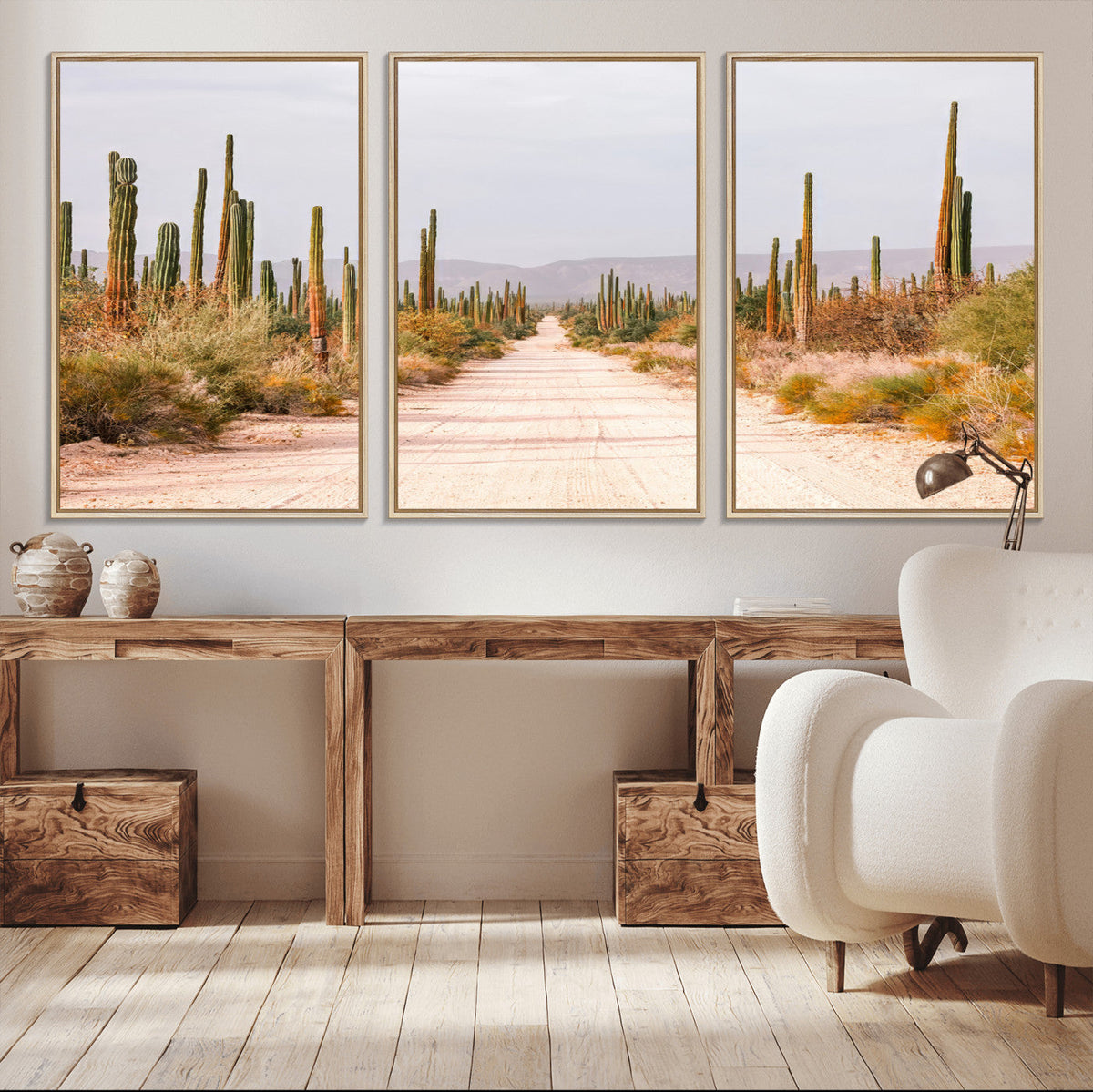 Desert Cactus Lined Road Wall Art Canvas Print – Framed