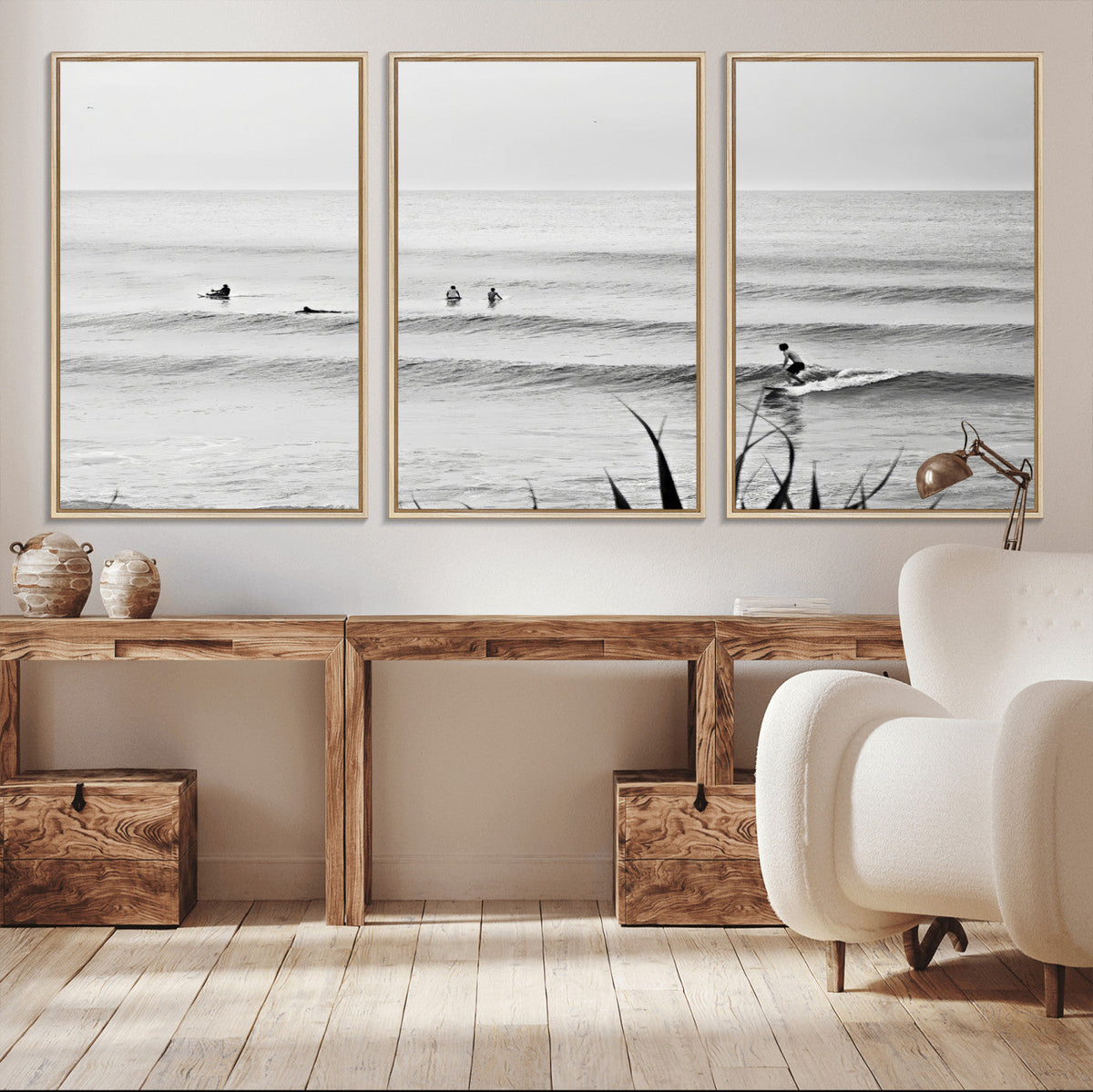 Surfer Silhouette Wall Art – Framed Calm Ocean Canvas