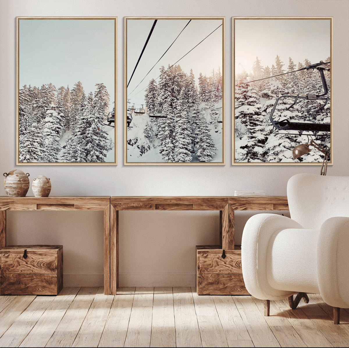 Frosty Pines Wall Art Canvas Print – Framed Cozy Cabin Ski